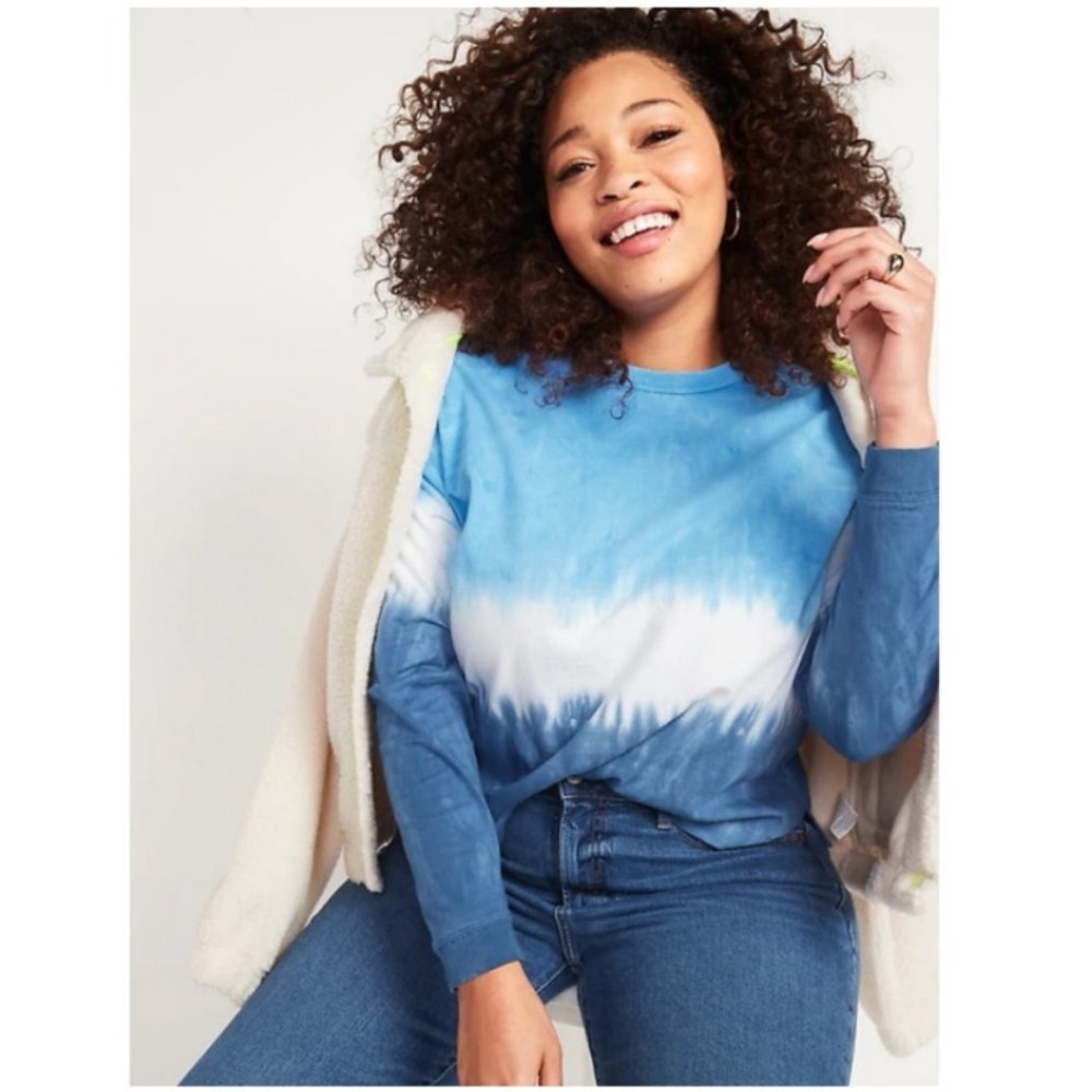 Old Navy Long Sleeve Dip Dye Easy Tee Blue/White Casual Preppy Size Small